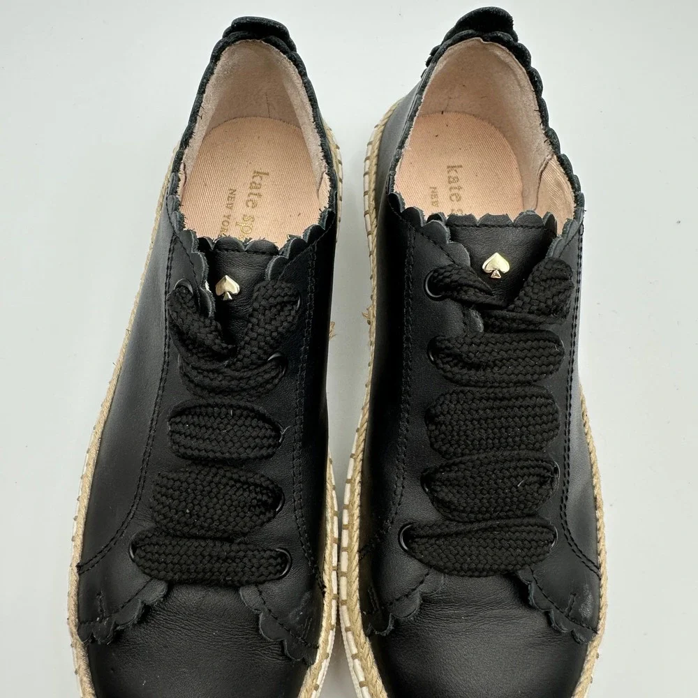 Kate Spade New York Lena Black Leather Sneakers Chunky Laces Scalloped Chic Sz 5